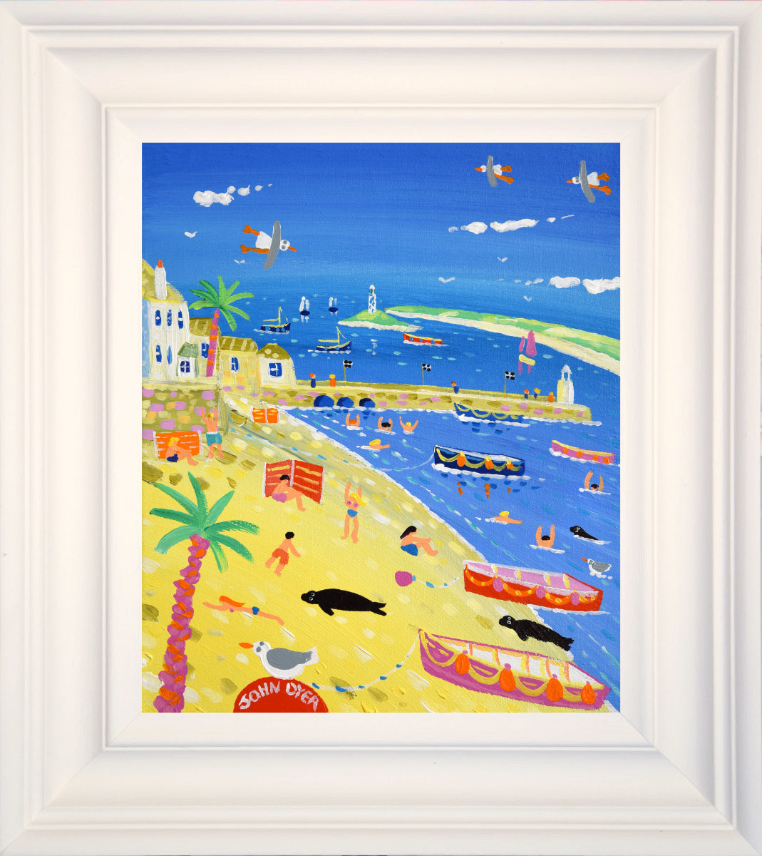 Sea, sun and sand, all captured in this delightful John Dyer painting of St Ives in Cornwall. The artist has combined the view of the harbour with the distant view of Godrevy Lighthouse and Gwithian Sands. Boats are pulled up onto the yellow sand and sleepy seals bask in the warm summer sunshine. Beautiful.