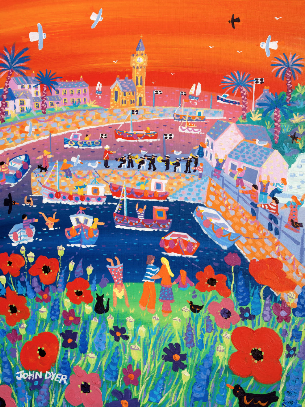 Signed Limited Edition Print by Cornish Artist John Dyer. &#39;Poppies and Players, Porthleven&#39;. Cornwall Art Gallery Print