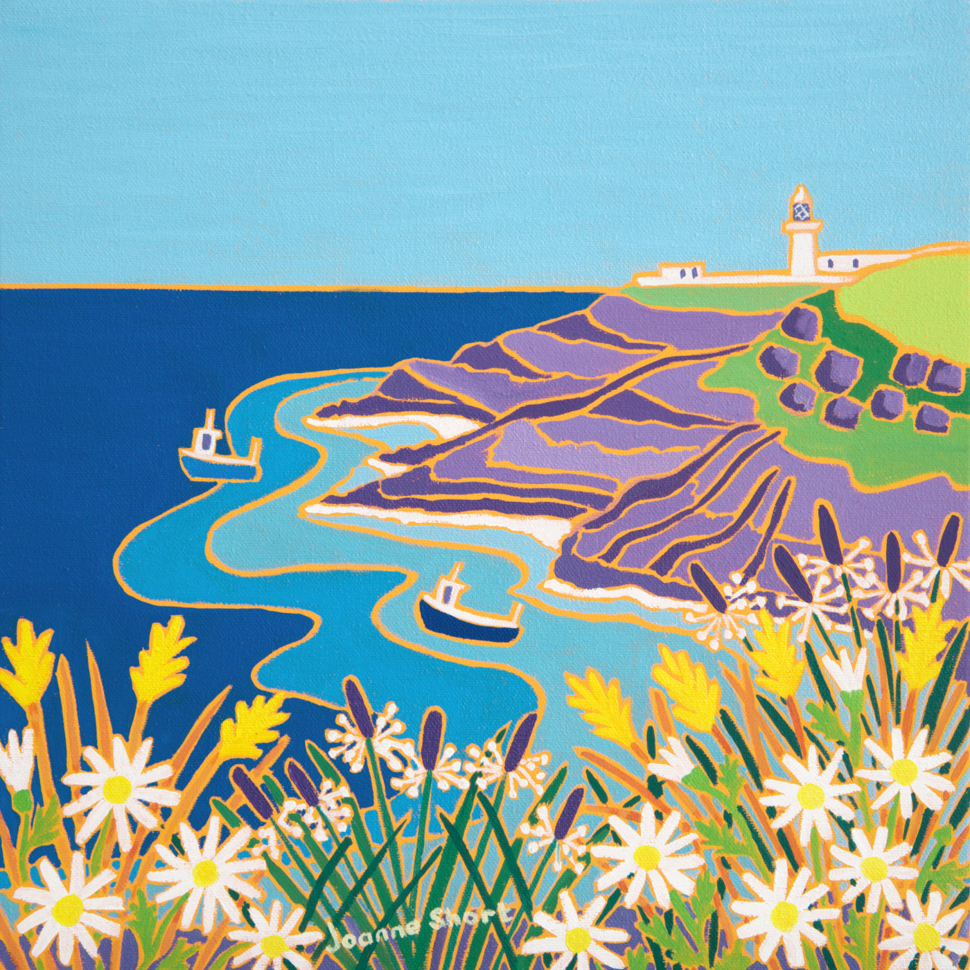 The wonderful sight of the wild Cornish flowers on the cliffs, set against the sea and the view towards Pendeen lighthouse has been captured in this delightful new oil painting by acclaimed Cornish artist Joanne Short. Fishing boats, wild grasses, blue sea and Cornish air all radiate the essence of the Cornish coast from this delightful new painting.