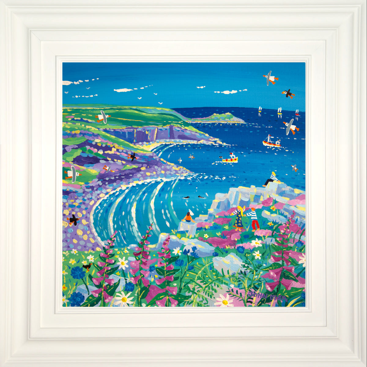 The stunning coastline at Zennor Head has been captured by artist John Dyer in this new Cornish painting. Foxgloves and ferns fill the foreground and a family relax on the rugged rocks beside the cliff listening to the sea as it gently laps onto the rocks below. Seals, seagulls and fishing boats complete this delightful painting.