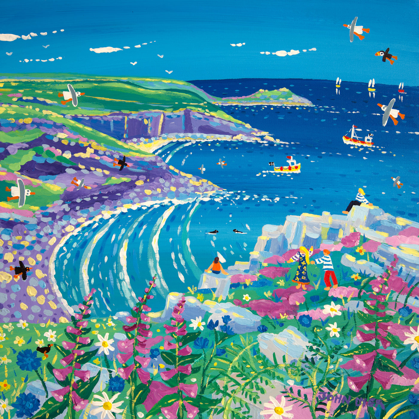 The stunning coastline at Zennor Head has been captured by artist John Dyer in this new Cornish painting. Foxgloves and ferns fill the foreground and a family relax on the rugged rocks beside the cliff listening to the sea as it gently laps onto the rocks below. Seals, seagulls and fishing boats complete this delightful painting.