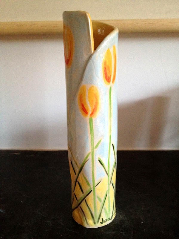 Cornish Ceramic Vase with Yellow Tulips by artist Joanne Short