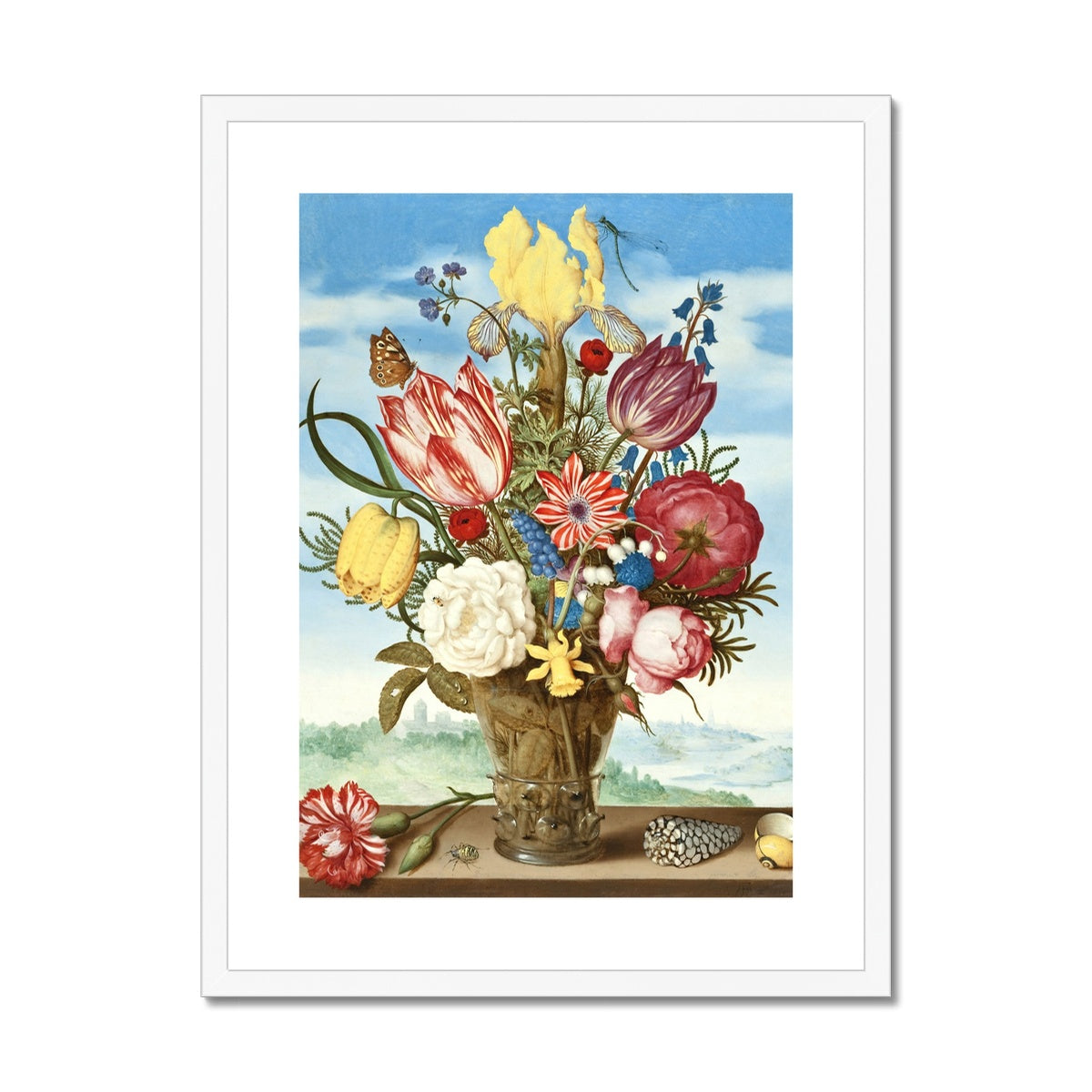 'Bouquet of Flowers on a Ledge' Still Life by Ambrosius Bosschaert. Framed Open Edition Fine Art Print. Historic Art
