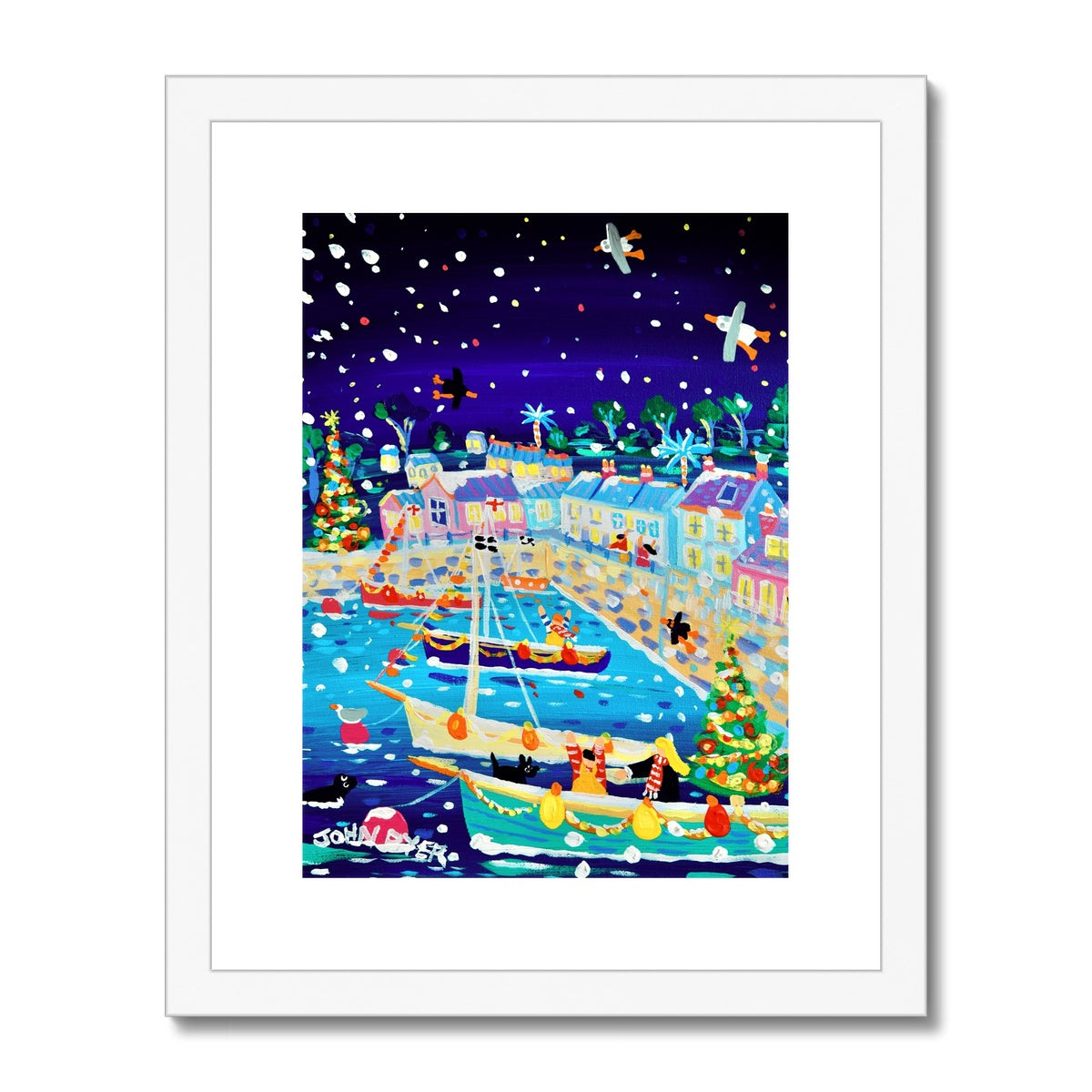 John Dyer Framed & Mounted Open Edition Cornish Art Print. 'Snow Flurries, Flushing'. Cornwall Art Gallery