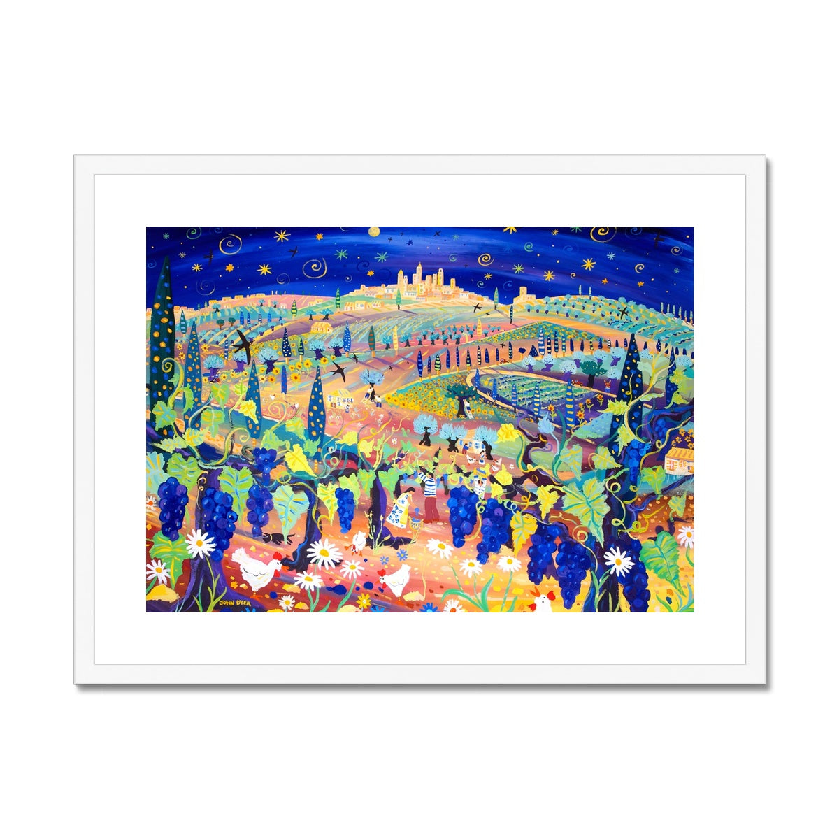 John Dyer Framed Open Edition Italian Fine Art Print. 'Starlight over San Gimignano, Italy'. Italy Art Gallery