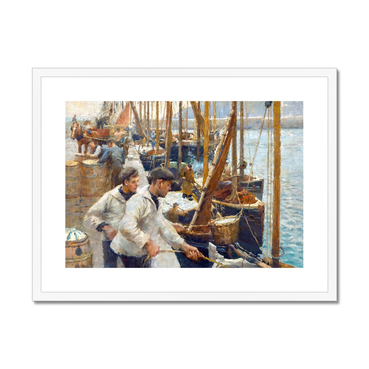 'Fishing Boats, Newlyn' by Harold Harvey. Framed Open Edition Fine Art Print. Historic Art