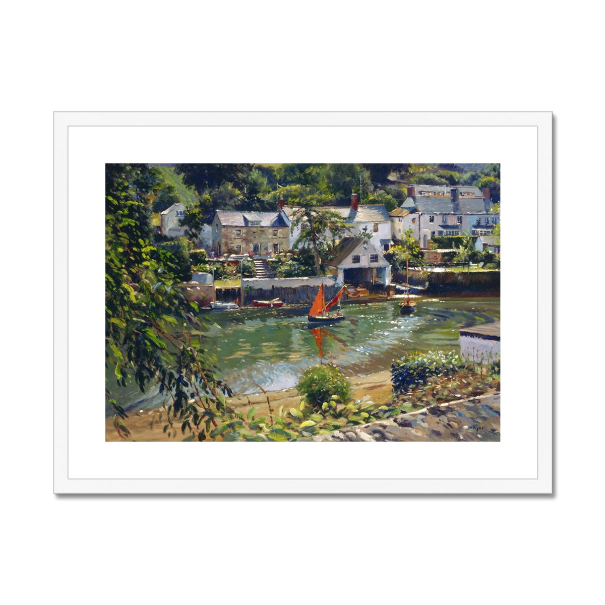 Ted Dyer Framed Open Edition Cornish Fine Art Print. 'The Red Sail, Helford'. Cornwall Art Gallery