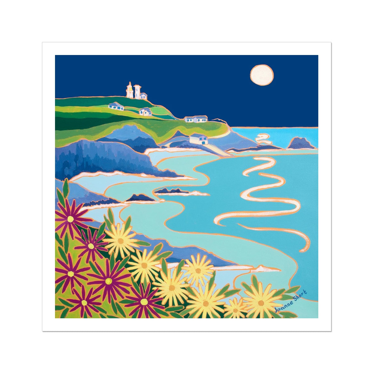 Joanne Short Open Edition Cornish Art Print. &#39;Lizard Lighthouse under a Full Moon&#39;. Cornwall Art Gallery
