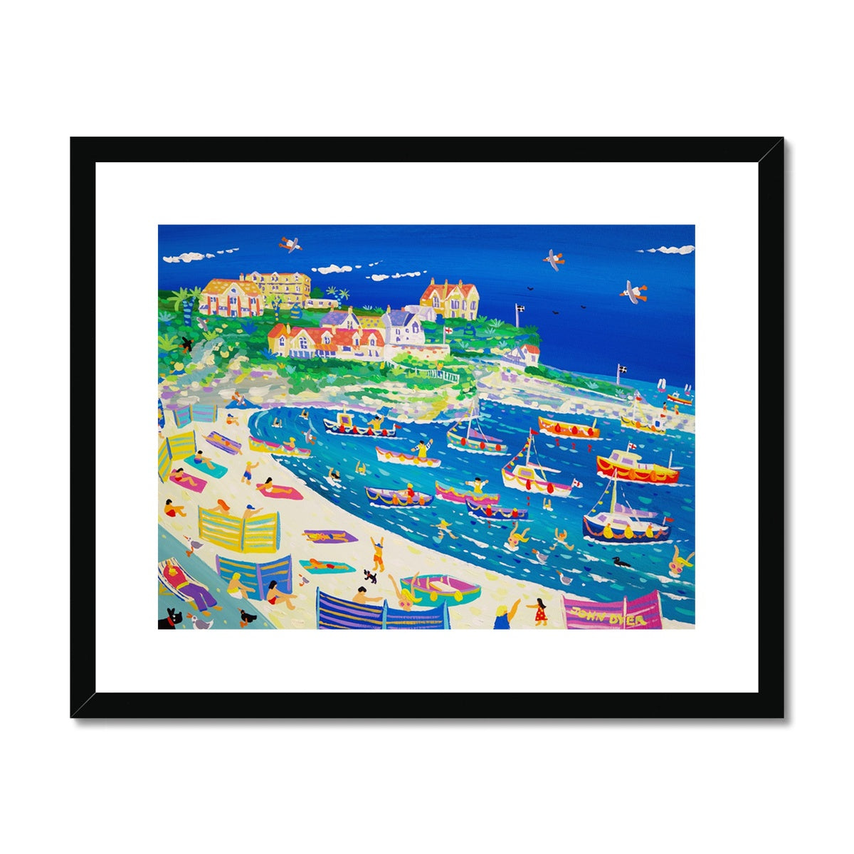 John Dyer Framed Open Edition Cornish Fine Art Print. &#39;Fun in the Harbour, Newquay&#39;. Cornwall Art Gallery