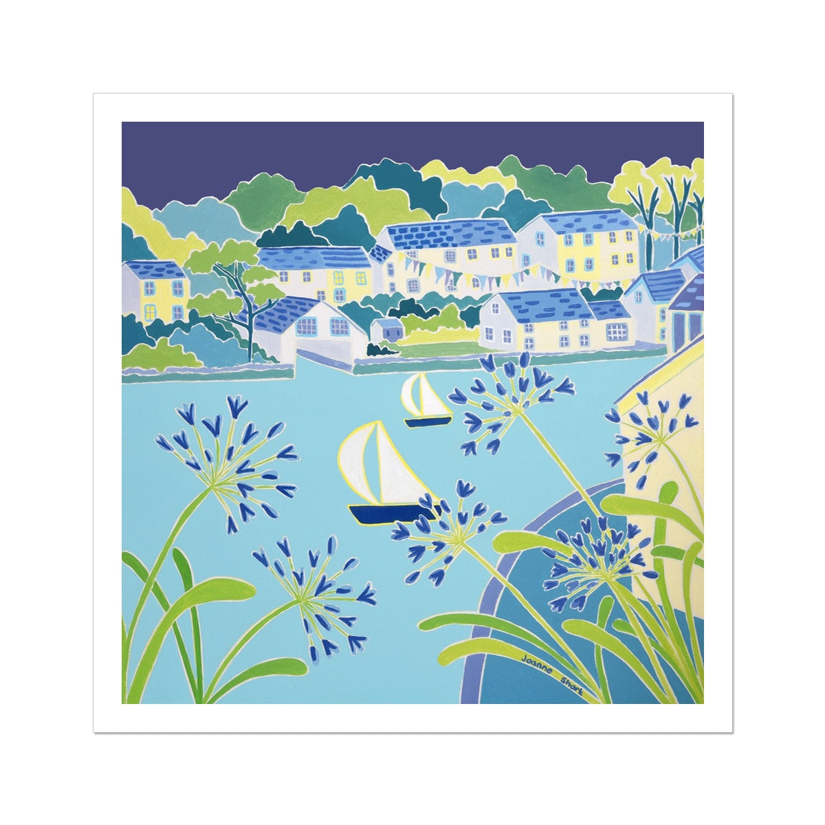 Joanne Short Open Edition Cornish Art Print. 'Sailing past the Agapanthus, Helford'. Cornwall Art Gallery