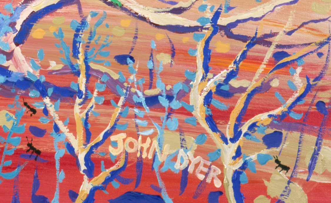 Hot Sunset over the Ancient Mallee Tree, Banrock Station, Australia. Original Painting by John Dyer