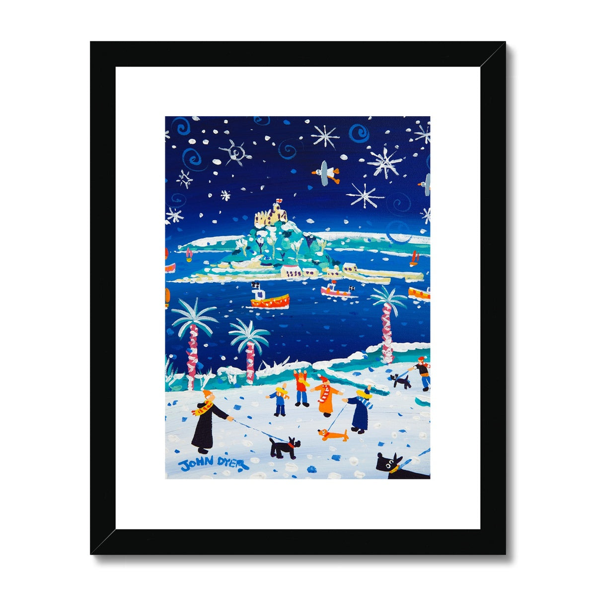John Dyer Framed Open Edition Cornish Art Print. 'Snowy Walkies, St Michael's Mount'. Cornwall Art Gallery