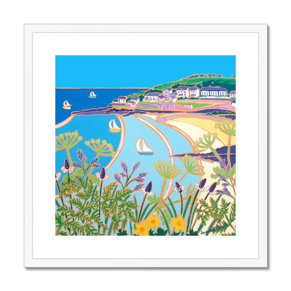 Joanne Short Framed Open Edition Cornish Fine Art Print. 'Perfect Day, Portscatho'. Cornwall Art Gallery