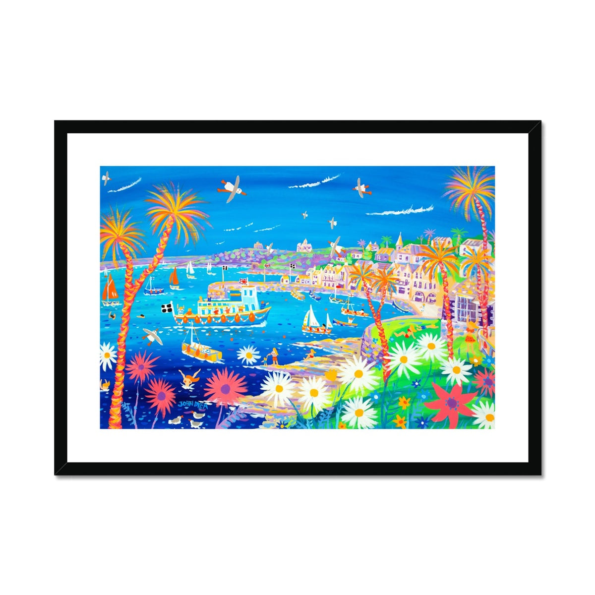 John Dyer Framed Open Edition Cornish Art Print. 'Mediterranean St Mawes, Cornwall'. Cornwall Art Gallery