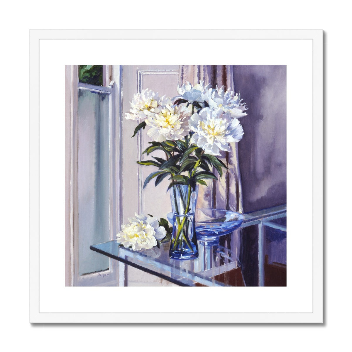 Ted Dyer Framed Open Edition Cornish Fine Art Print. 'White Peonies in a Blue Vase'. Cornwall Art Gallery