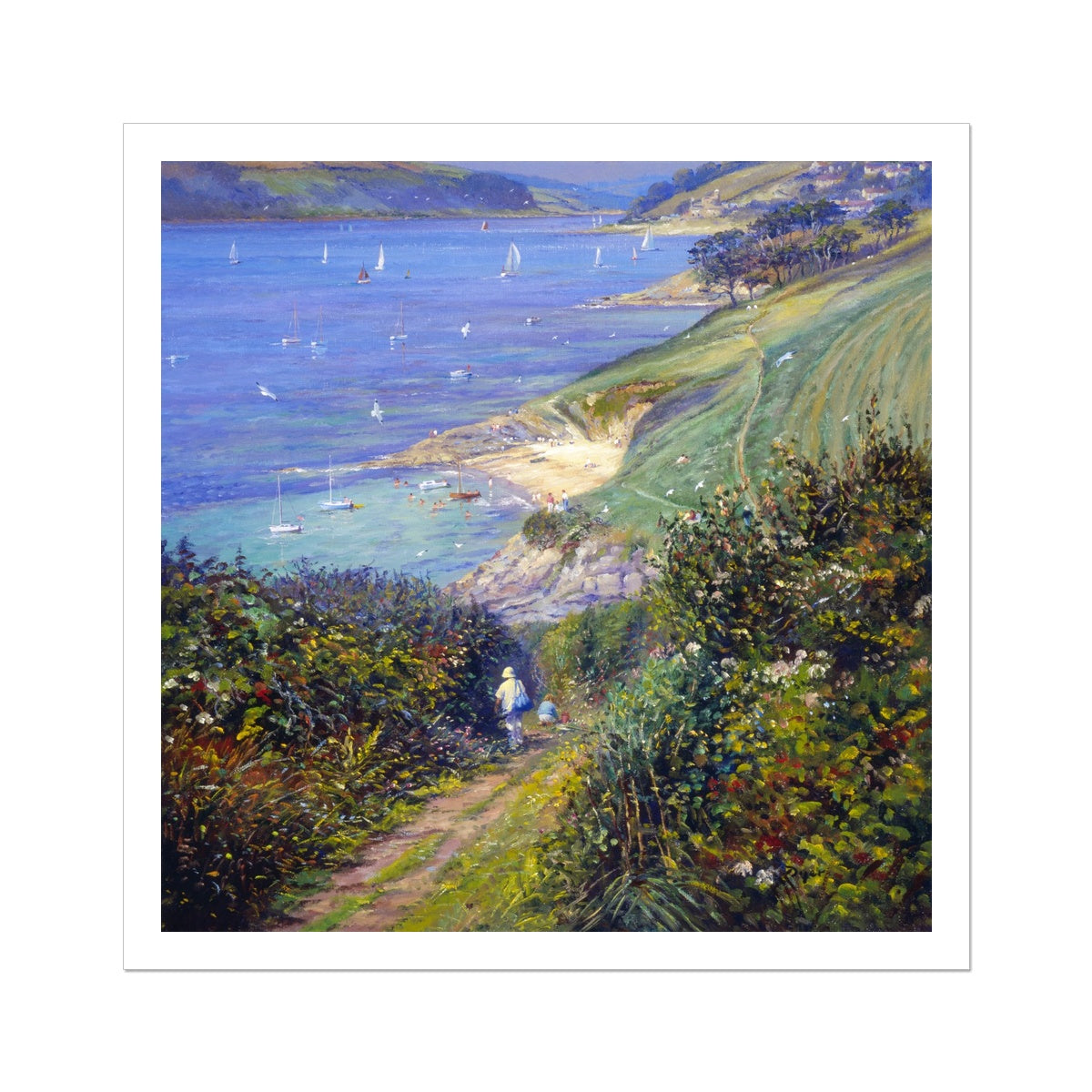 Ted Dyer Fine Art Print. Open Edition Cornish Art Print. 'Blackberry Path to the Beach, St Anthony in Roseland'. Cornwall Art Gallery