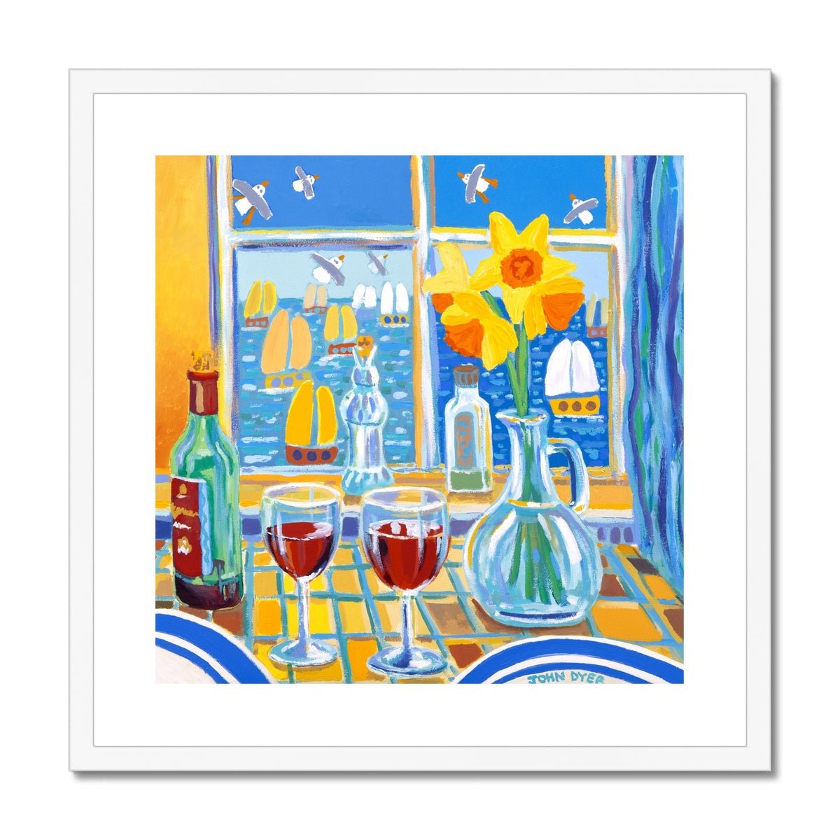 John Dyer Framed Open Edition Still Life Cornish Art Print. 'Red Wine and Daffodils'. Cornwall Art Gallery