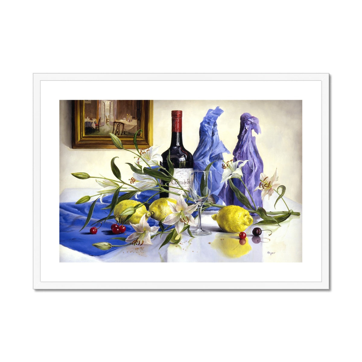 Ted Dyer Framed Open Edition Cornish Fine Art Print. 'White Lilies, Lemons and Red Wine Still Life'. Cornwall Art Gallery
