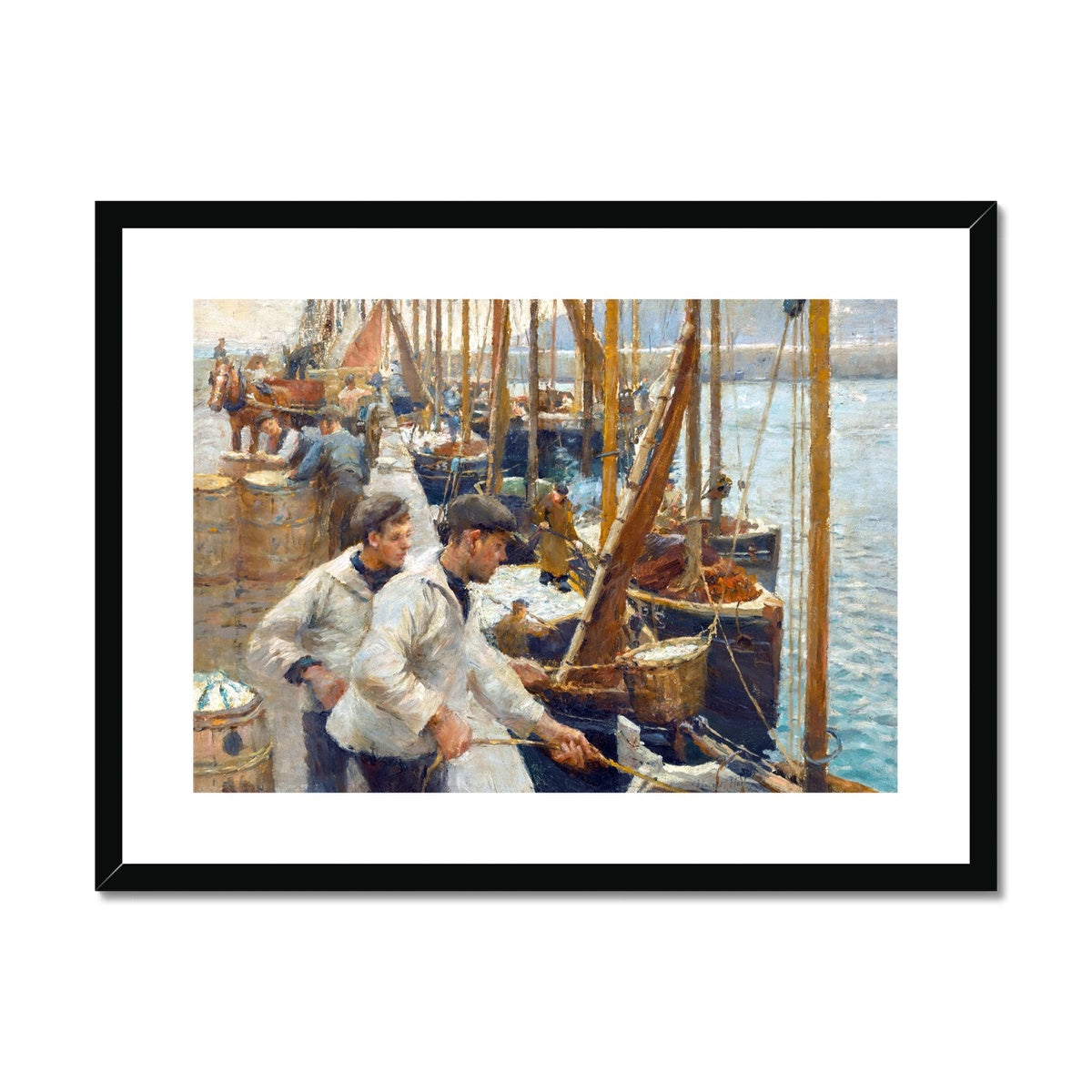 &#39;Fishing Boats, Newlyn&#39; by Harold Harvey. Framed Open Edition Fine Art Print. Historic Art