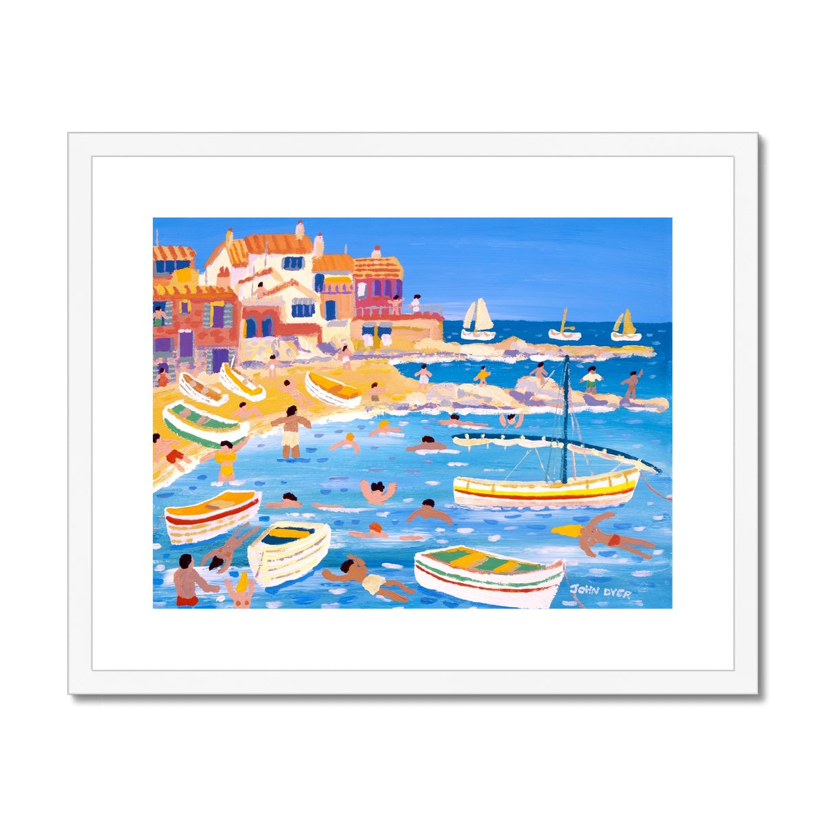 John Dyer Framed Open Edition Cornish Fine Art Print. 'White Washed Buildings on the Beach, Calella, Spain'. Cornwall Art Gallery