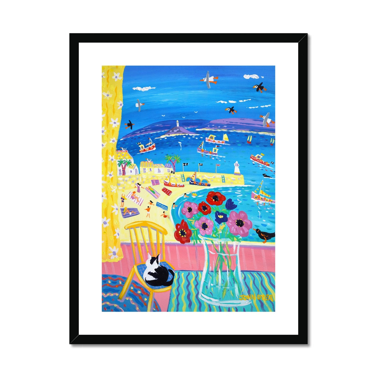 John Dyer Framed Open Edition Cornish Fine Art Print. 'Snoozing Cat on the Chair, St Ives'. Cornwall Art Gallery
