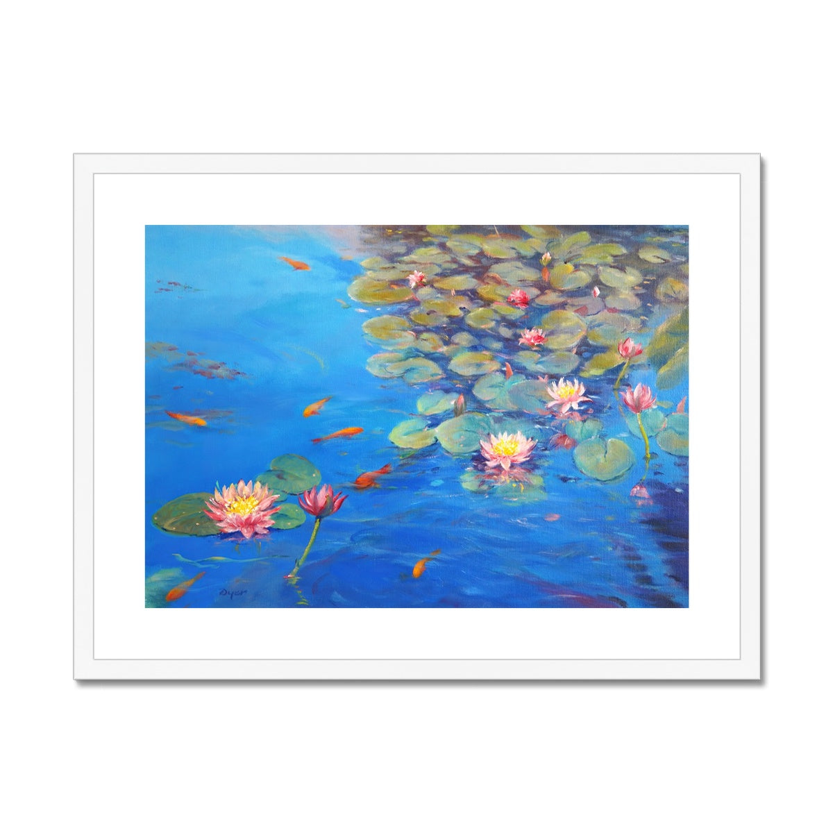 Ted Dyer Framed Open Edition Cornish Fine Art Print. &#39;Water lilies and Sky Reflections, Kimberley Park Pond Garden, Falmouth&#39;. Cornwall Art Gallery