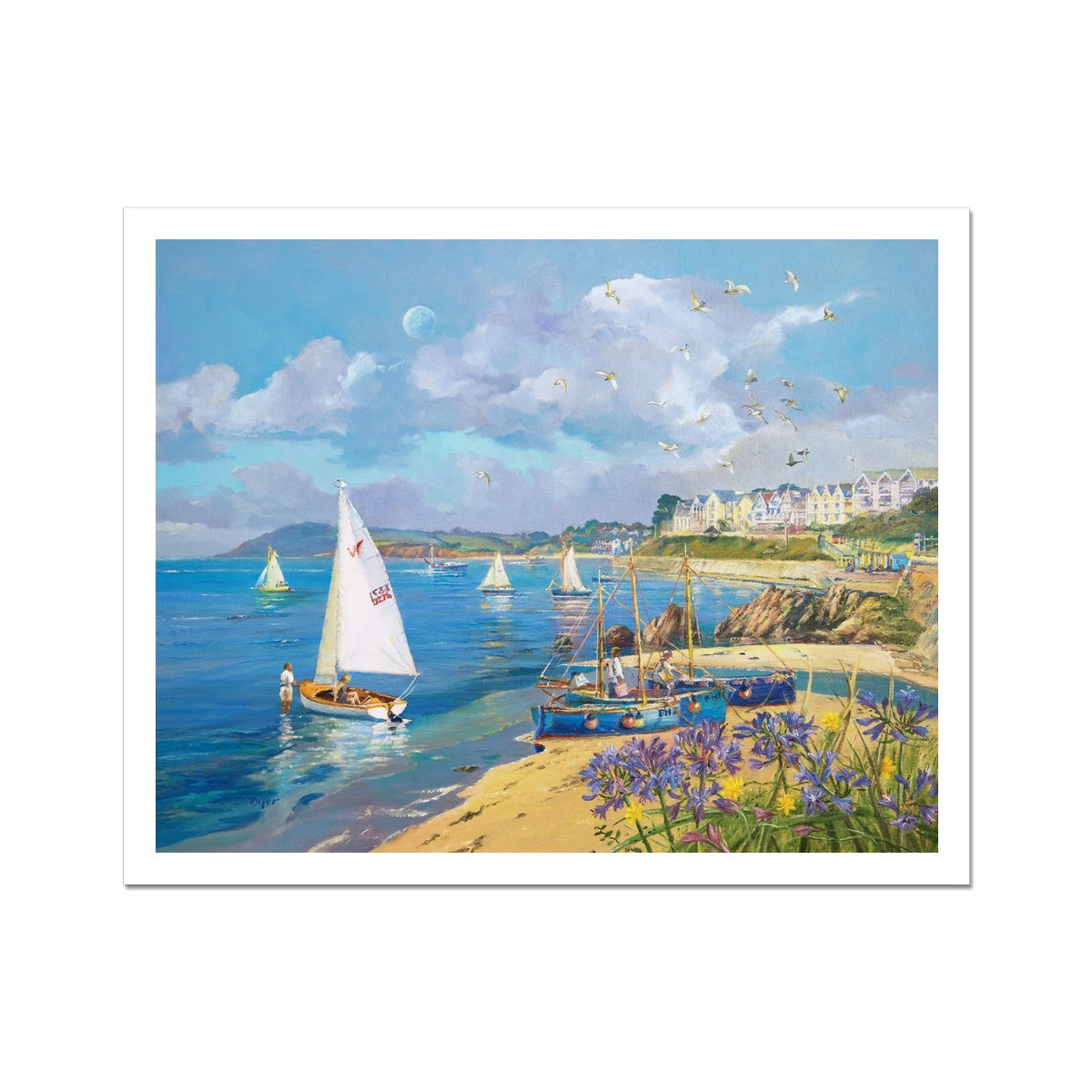 Ted Dyer Fine Art Print. Open Edition Cornish Art Print. 'White Sails and Agapanthus, Castle Beach, Falmouth'. Cornwall Art Gallery