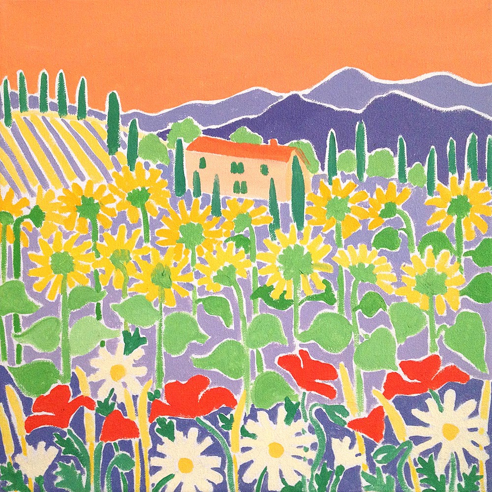 Mountain Flower Garden Sunset, Italy. Original Landscape Painting by Joanne Short. 12 x 12 inches oil on canvas