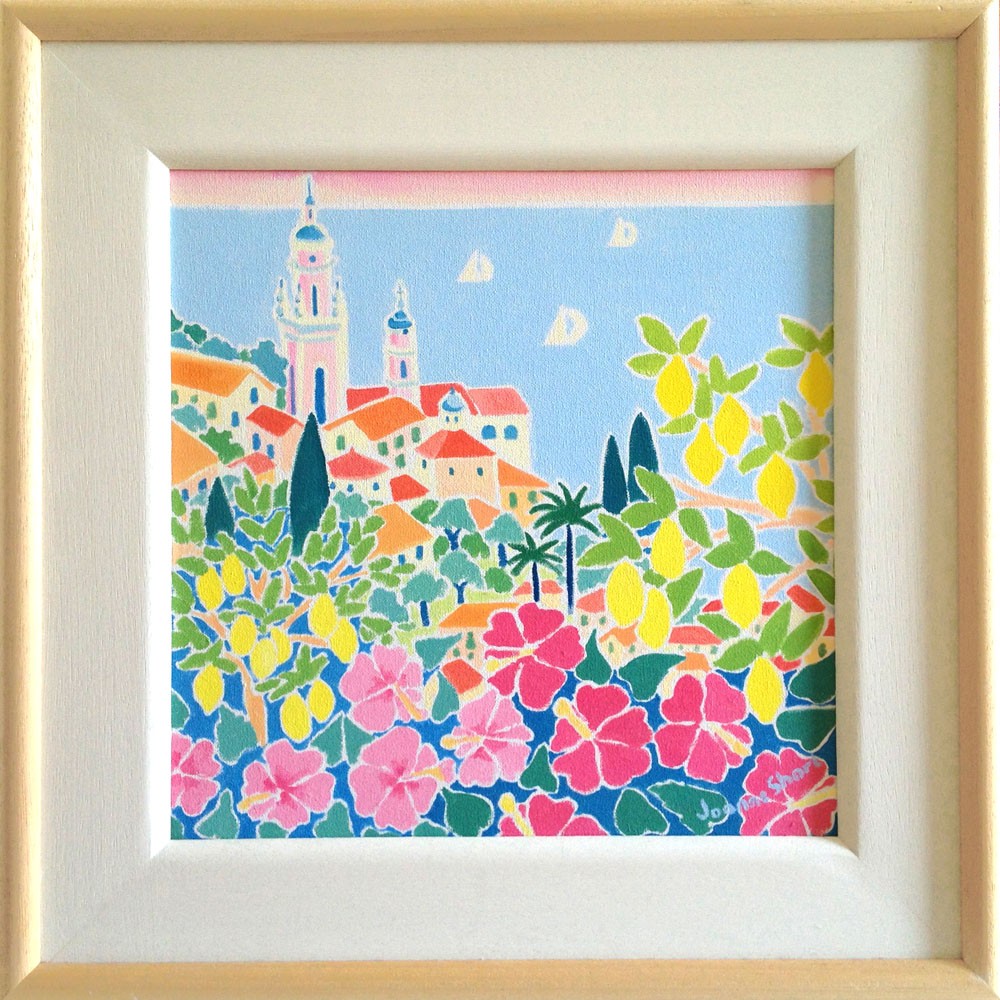 Original Painting by Joanne Short. Blushing Pink Sky over Menton. France.