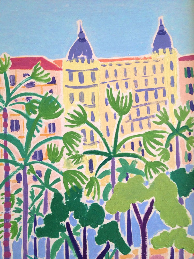 Original Painting by Joanne Short. Palms and Umbrellas, Cannes. France.