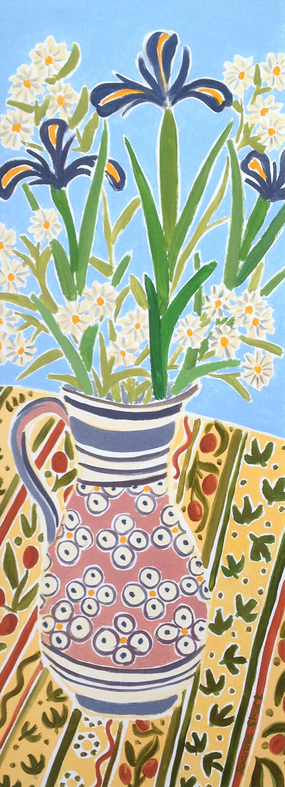 Original Still Life Painting by Joanne Short. Blue Iris in a Pink Jug. Provence, France.