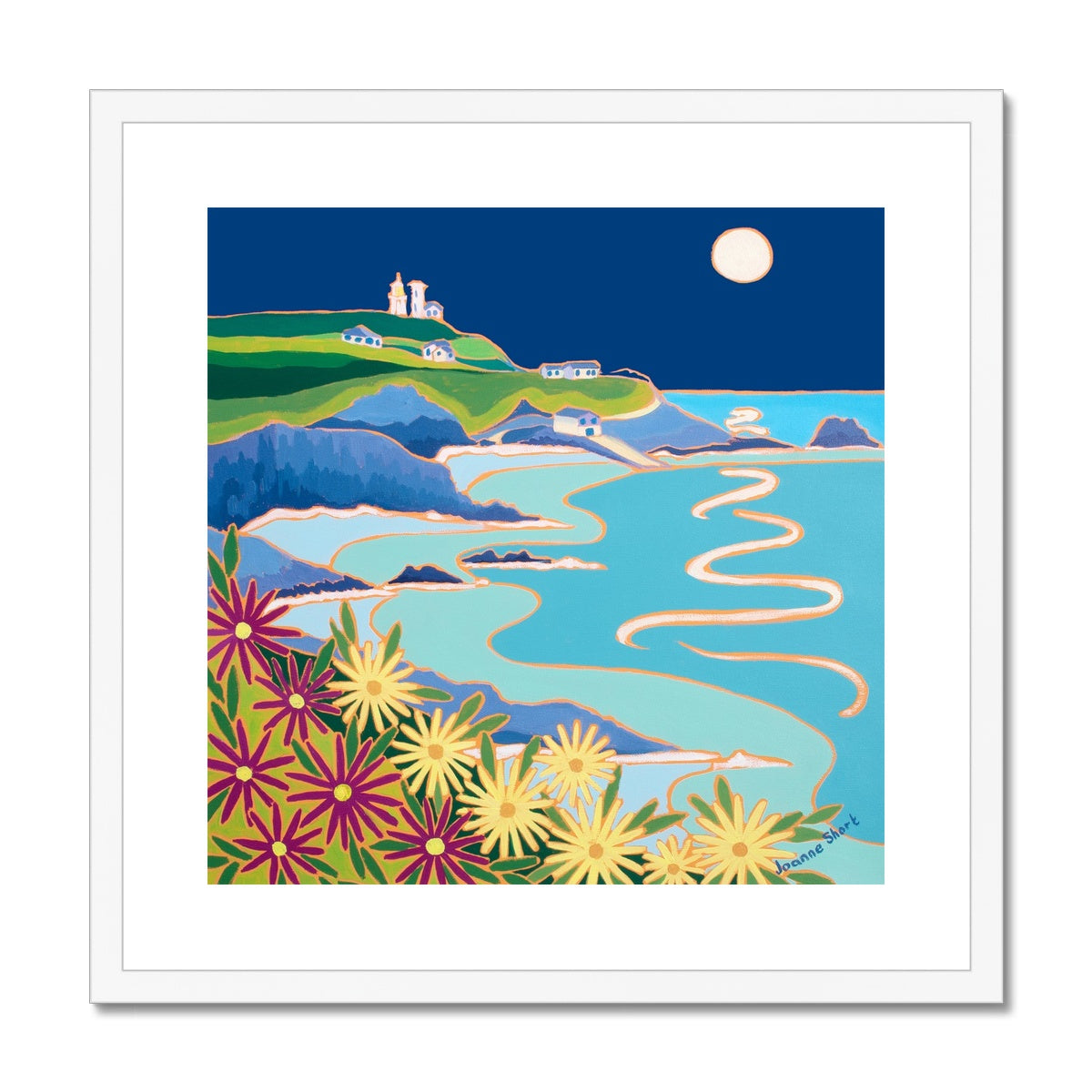 Joanne Short Framed Open Edition Cornish Fine Art Print. 'Lizard Lighthouse under a Full Moon'. Cornwall Art Gallery