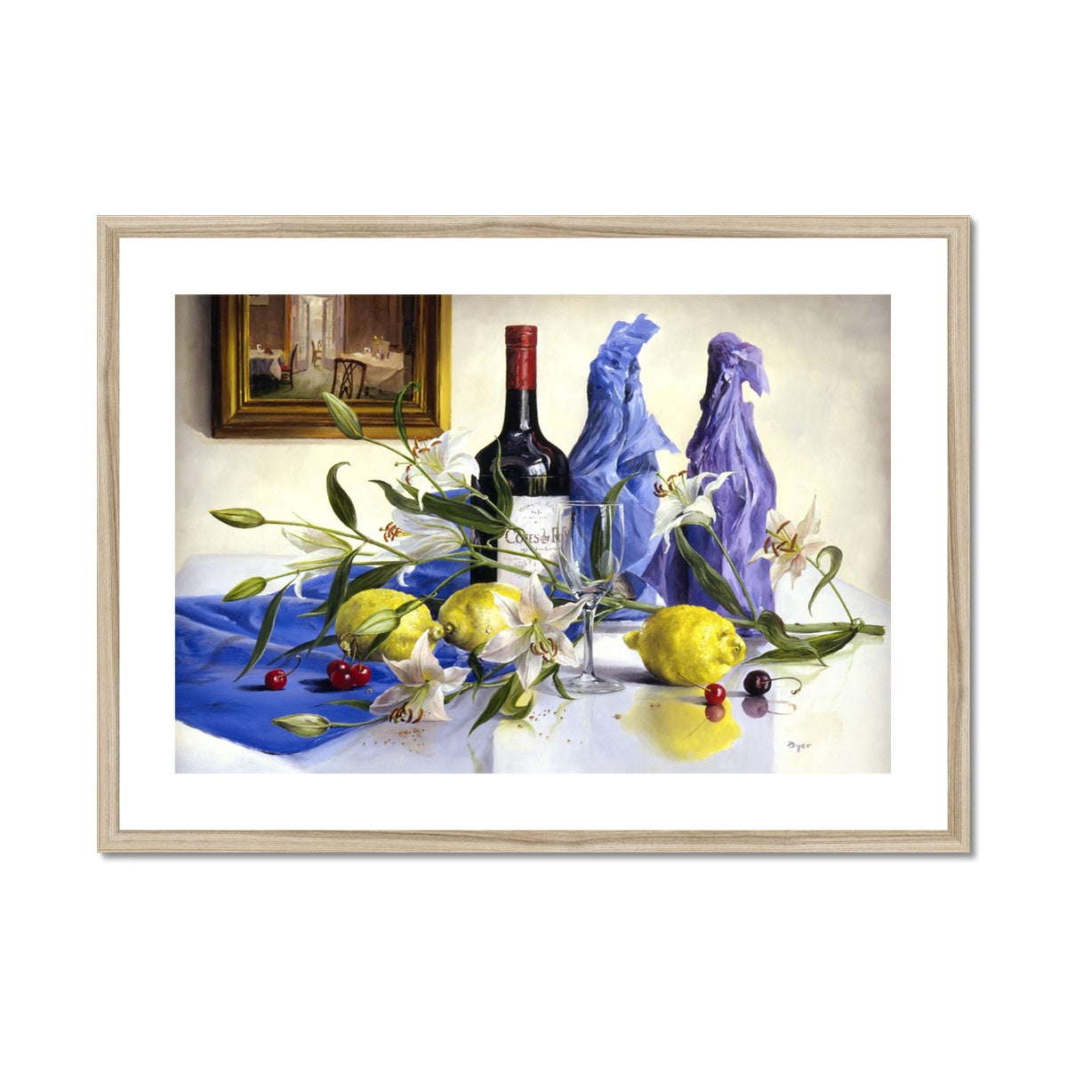 Ted Dyer Framed Open Edition Cornish Fine Art Print. &#39;White Lilies, Lemons and Red Wine Still Life&#39;. Cornwall Art Gallery