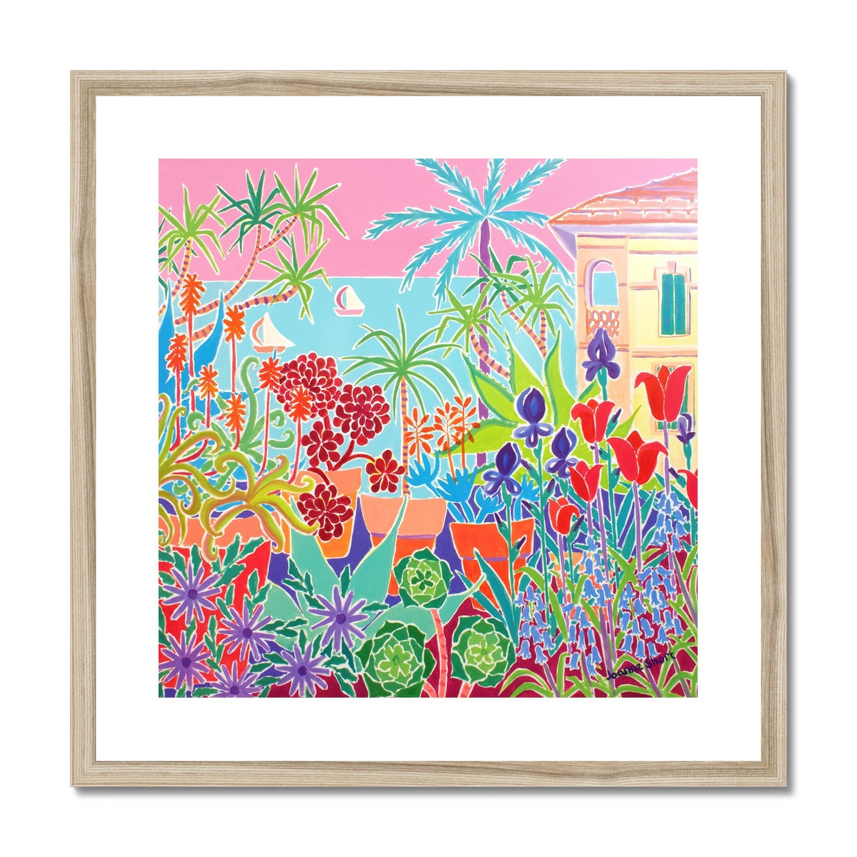 Joanne Short Framed Open Edition Cornish Fine Art Print. &#39;Patchwork Flowers and Pink Sky, Menton&#39;. French Art Gallery