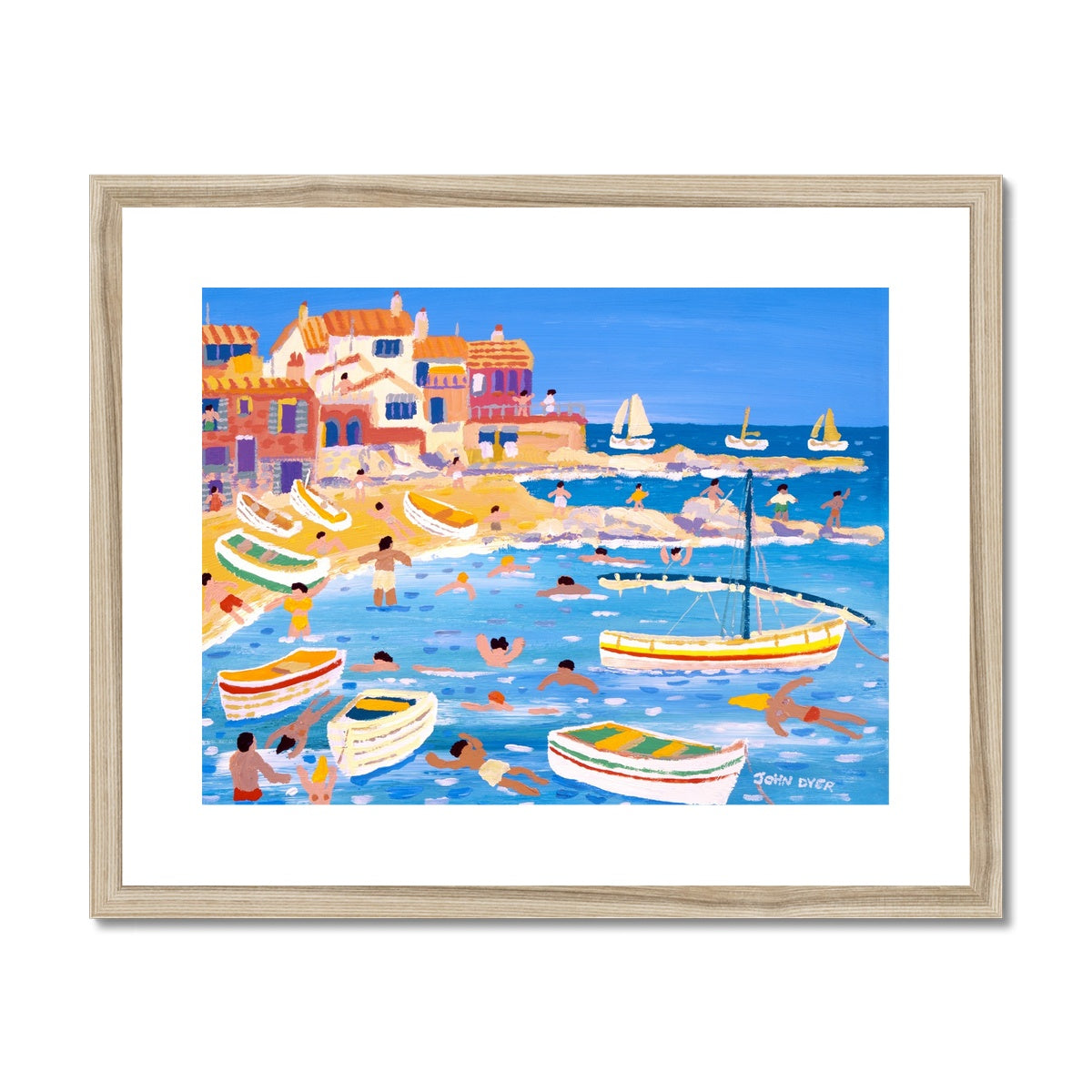 John Dyer Framed Open Edition Cornish Fine Art Print. &#39;White Washed Buildings on the Beach, Calella, Spain&#39;. Cornwall Art Gallery