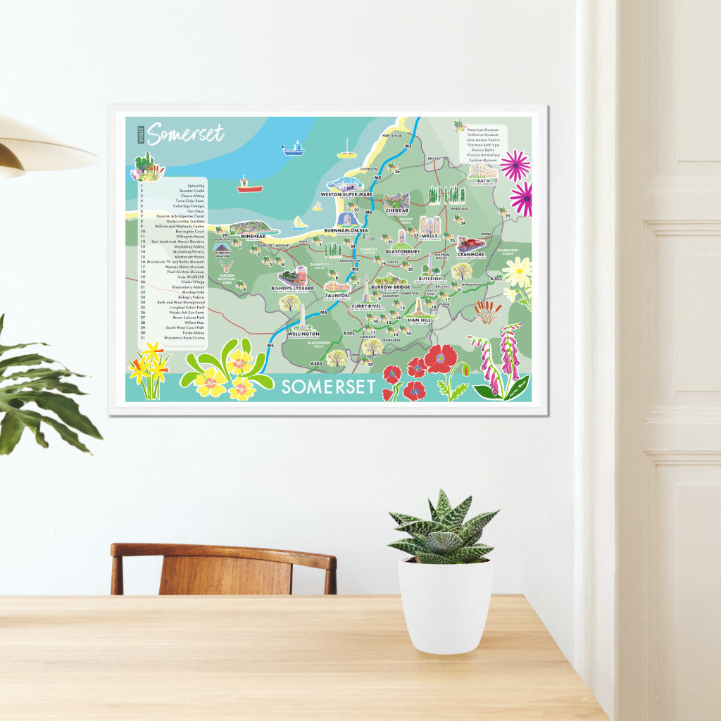 Vintage Style Travel Art Poster Print by Joanne Short. Illustrated Art Map of Somerset
