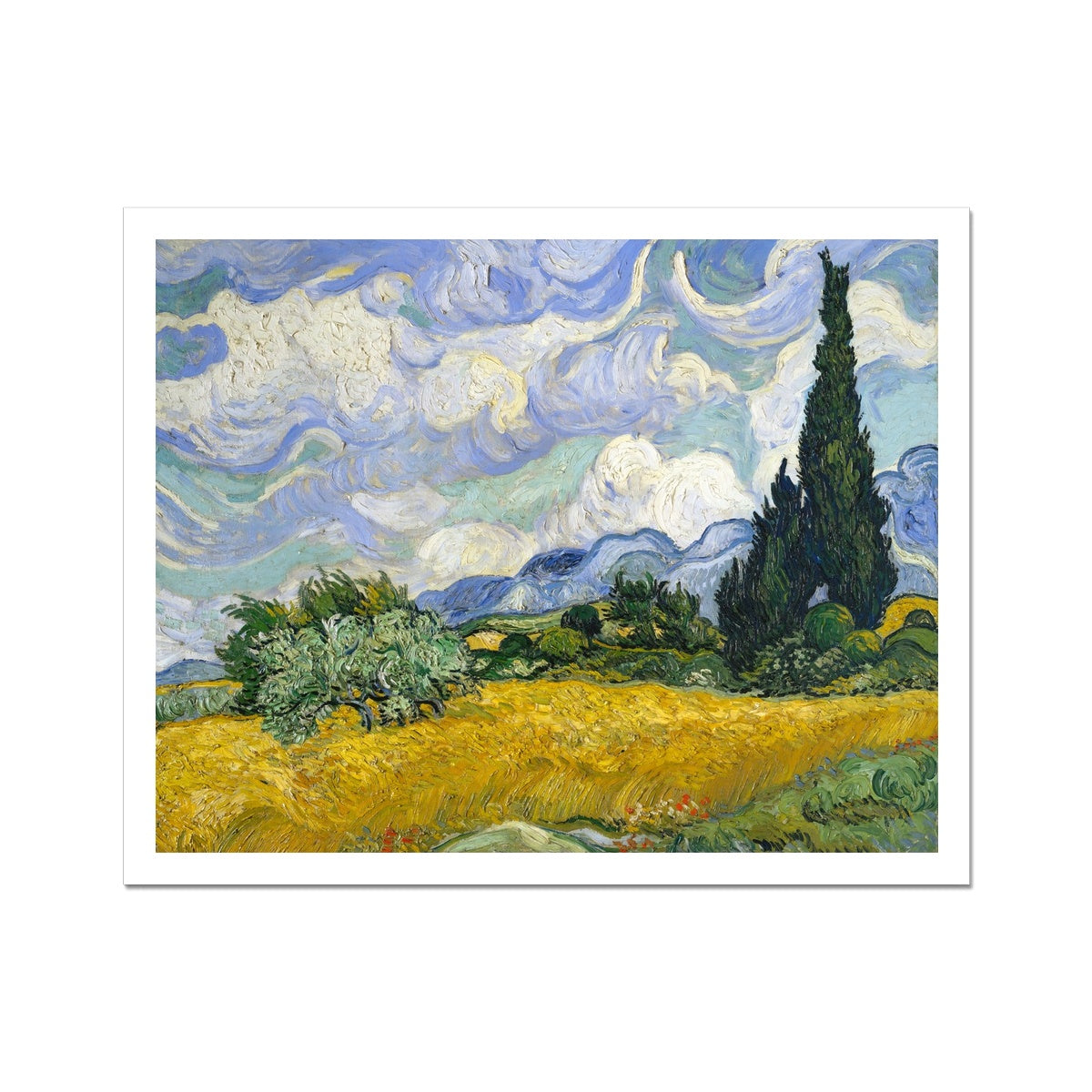 'Wheat Field with Cypresses' by Vincent Van Gogh. Open Edition Fine Art Print. Art Gallery Historic Art