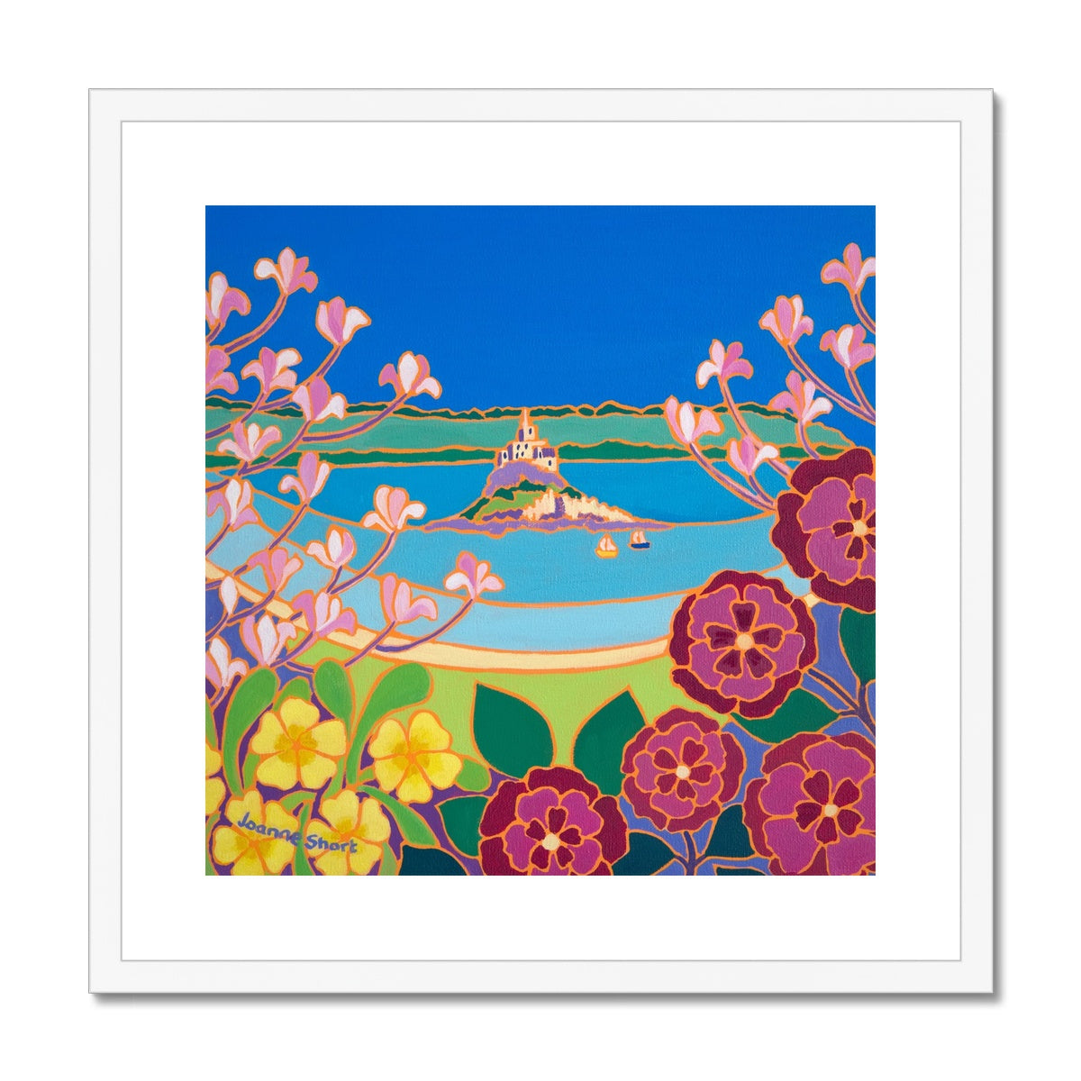 Joanne Short Framed Open Edition Cornish Fine Art Print. 'View through the Magnolias, St Michael's Mount'. Cornwall Art Gallery