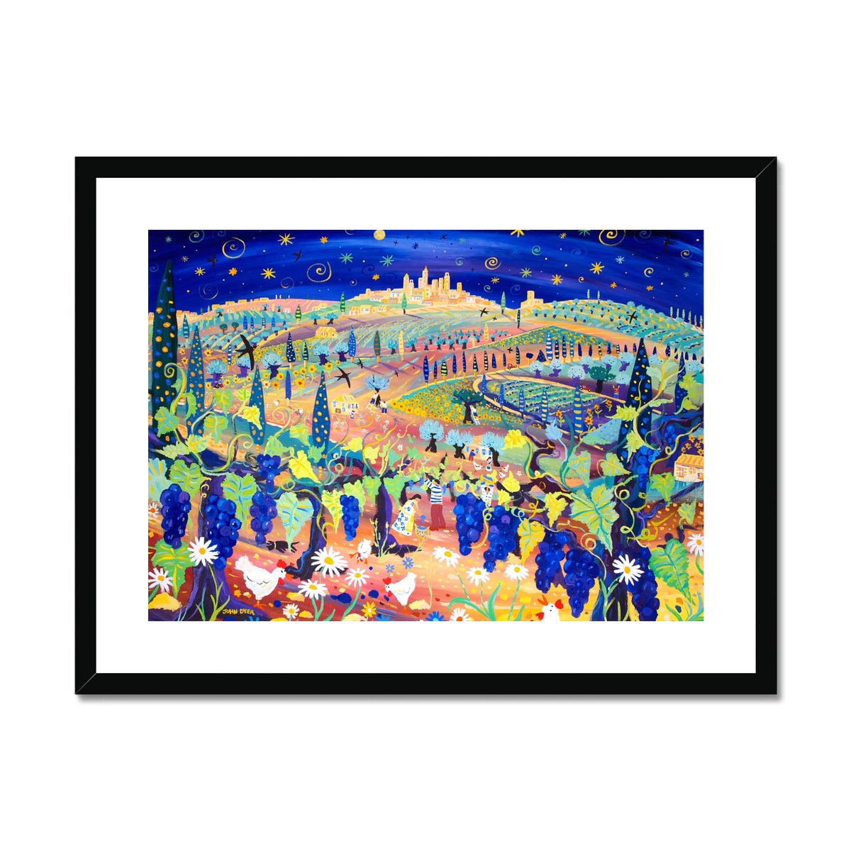 John Dyer Framed Open Edition Italian Fine Art Print. &#39;Starlight over San Gimignano, Italy&#39;. Italy Art Gallery
