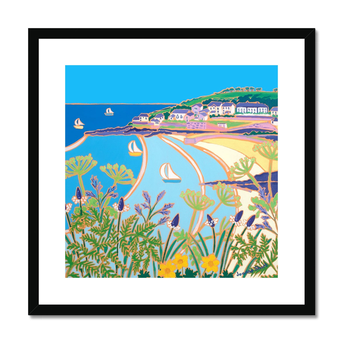 Joanne Short Framed Open Edition Cornish Fine Art Print. 'Perfect Day, Portscatho'. Cornwall Art Gallery