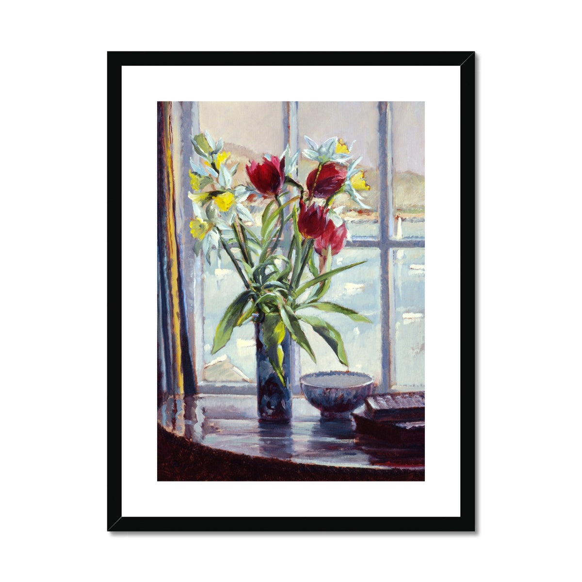 Ted Dyer Framed Open Edition Cornish Fine Art Print. 'Daffodils and Tulips in a Vase, Still Life'. Cornwall Art Gallery