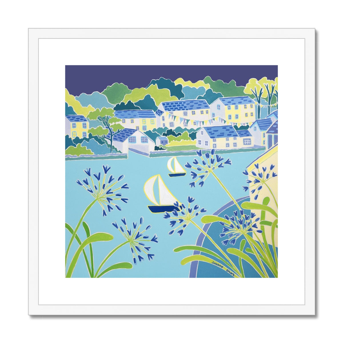 Joanne Short Framed Open Edition Cornish Fine Art Print. 'Sailing past the Agapanthus, Helford'. Cornwall Art Gallery