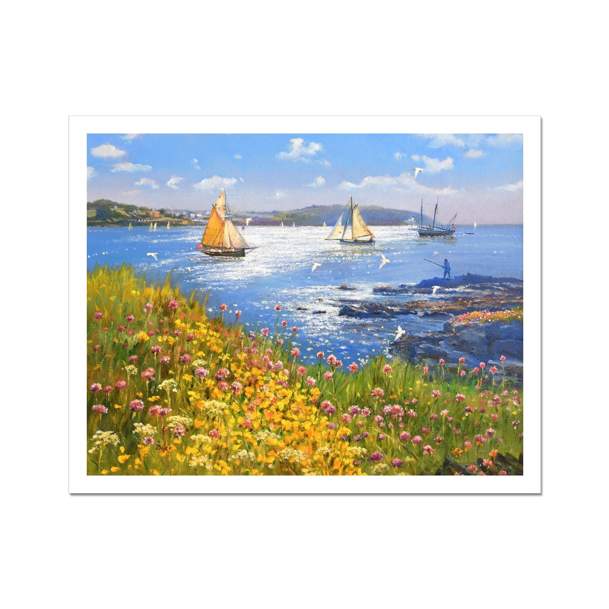 Ted Dyer Fine Art Print. Open Edition Cornish Art Print. &#39;Sparkling Sea and wild Flowers, Pendennis Headland, Falmouth&#39;. Cornwall Art Gallery
