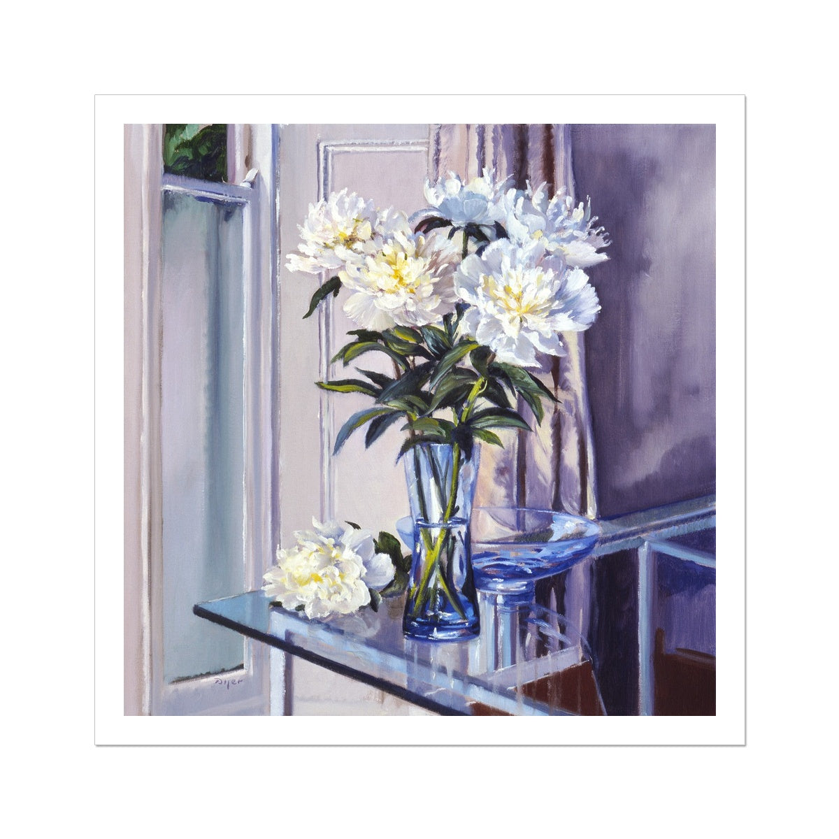 Ted Dyer Fine Art Print. Open Edition Cornish Art Print. 'White Peonies in a Blue Vase'. Cornwall Art Gallery