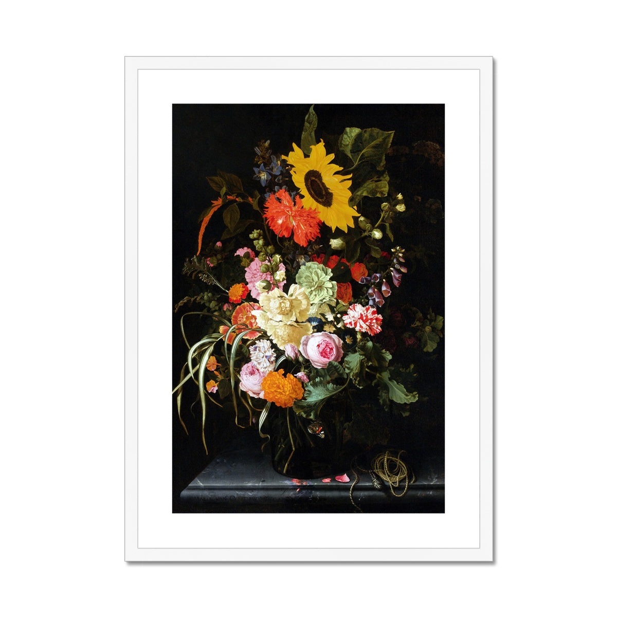 &#39;Roses, Carnation, Marigolds and other Flowers with a Sunflower and Striped Grass&#39;. Still Life by Maria van Oosterwijck. Framed Open Edition Fine Art Print. Historic Art