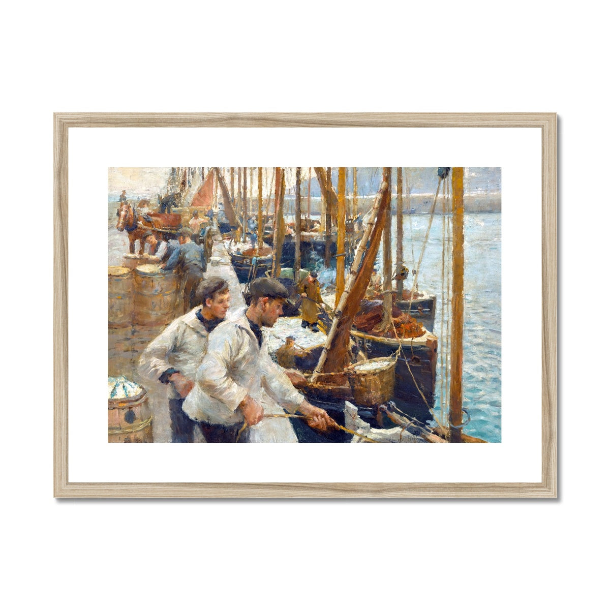 &#39;Fishing Boats, Newlyn&#39; by Harold Harvey. Framed Open Edition Fine Art Print. Historic Art