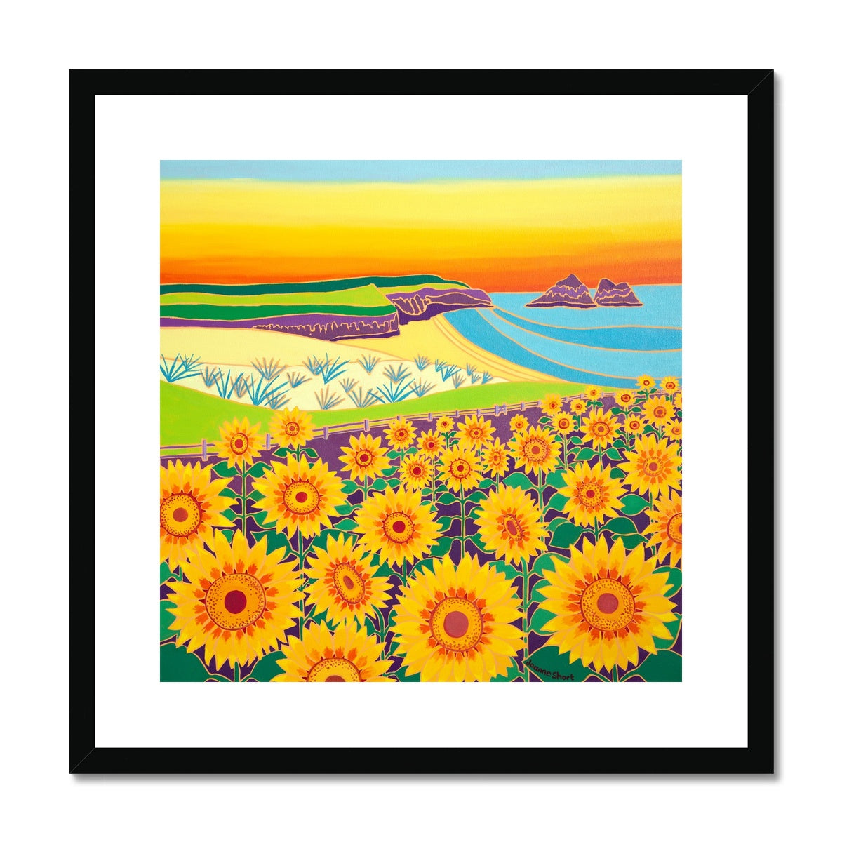 Joanne Short Framed Open Edition Cornish Fine Art Print. 'Sunny Sunflowers, Holywell Bay'. Cornwall Art Gallery