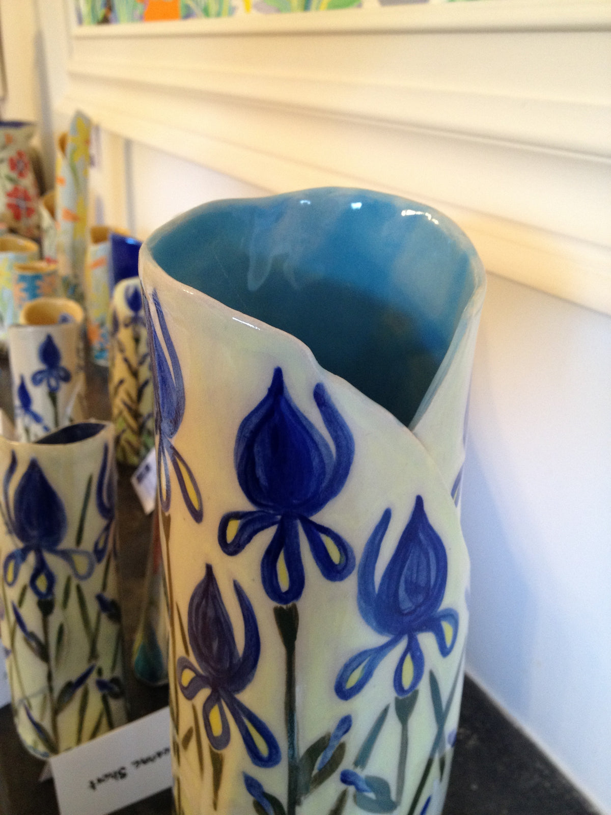 Joanne Short Ceramic Vase. Blue Iris and White Daisies