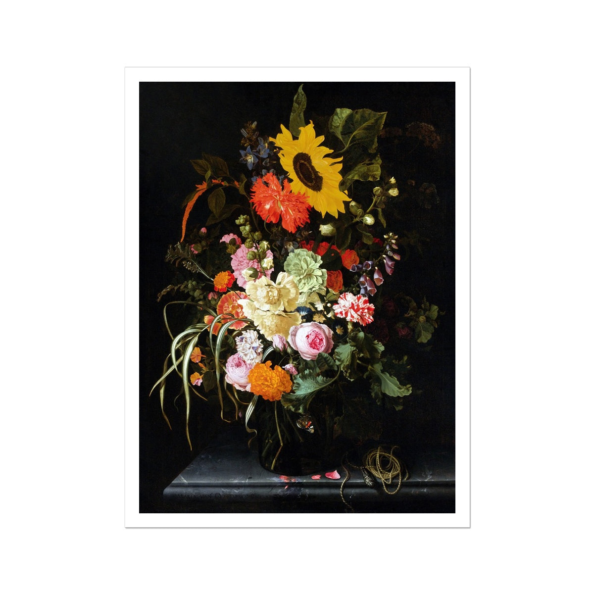&#39;Roses, Carnation, Marigolds and other Flowers with a Sunflower and Striped Grass&#39;. Still Life by Maria van Oosterwijck. Open Edition Fine Art Print. Historic Art