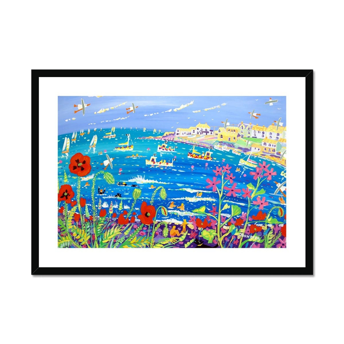 John Dyer Framed Coastal Open Edition Cornish Fine Art Print. 'Pretty Poppies and Crazy Campion, Coverack'